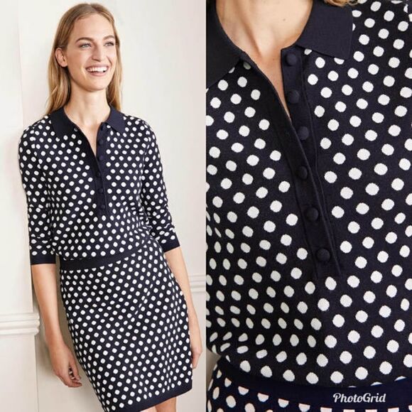 Boden Cleo Jacquard Henley Sweater in Navy and Ivory Polka Dot - Picture 2 of 11